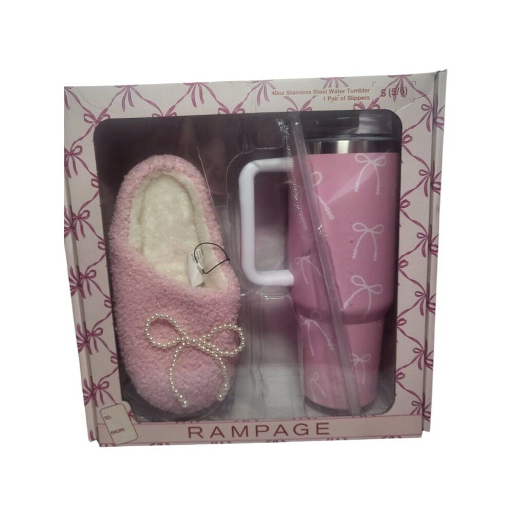 RAMPAGE Pink Teddy Slippers with Matching Stainless Steel Tumbler Gift Box